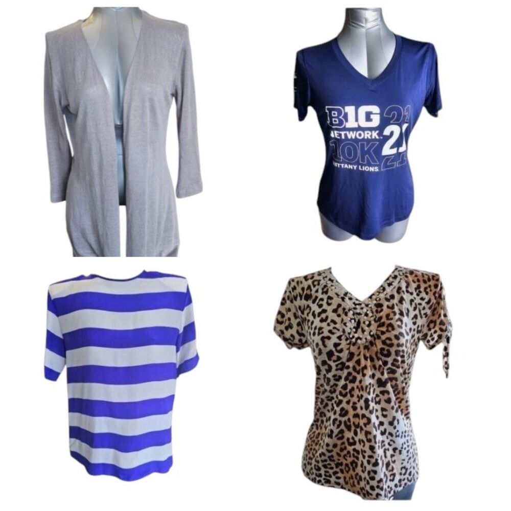 Lot of 4 Womens Shirts Size M T-Shirts Graphic Casual Animal Stripe Blue Grey